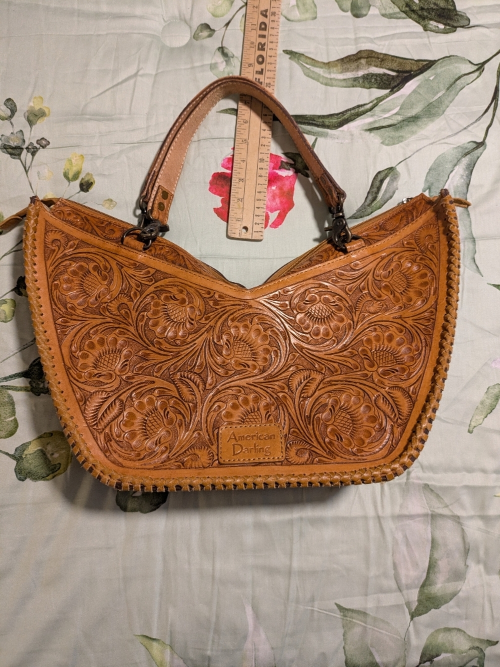 American Darling Hand-Tooled Brown Floral Leather Shoulder Bag